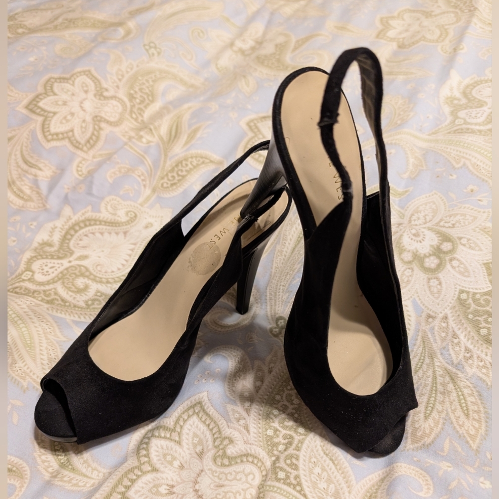 Nine West Slingback Black Suede Peek Toe 👠